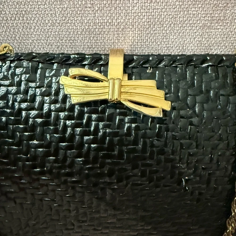 Vintage Rodo Black Lacquer Wicker Bag with gold tone chain Strap